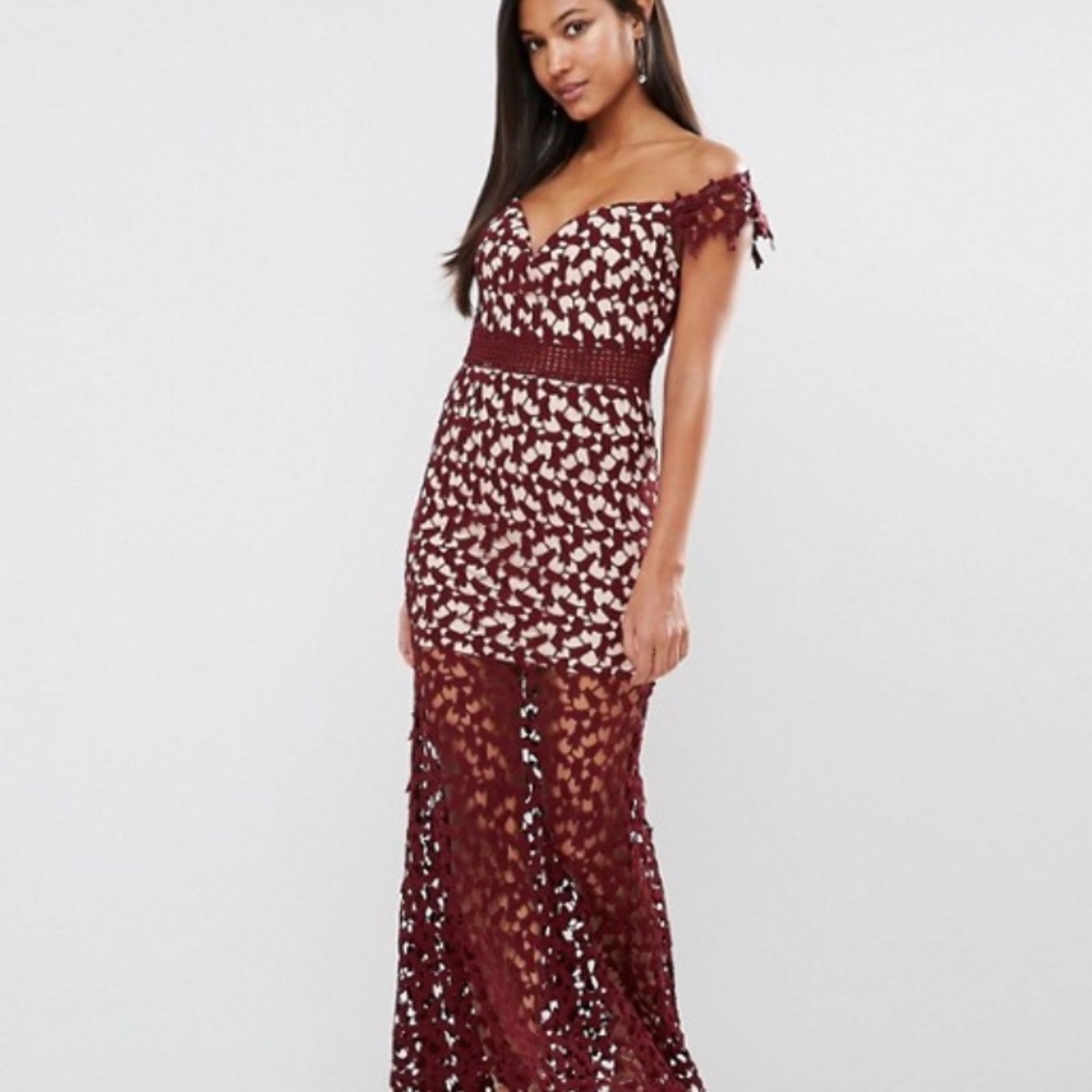 ASOS off shoulder crochet burgundy maxi dress